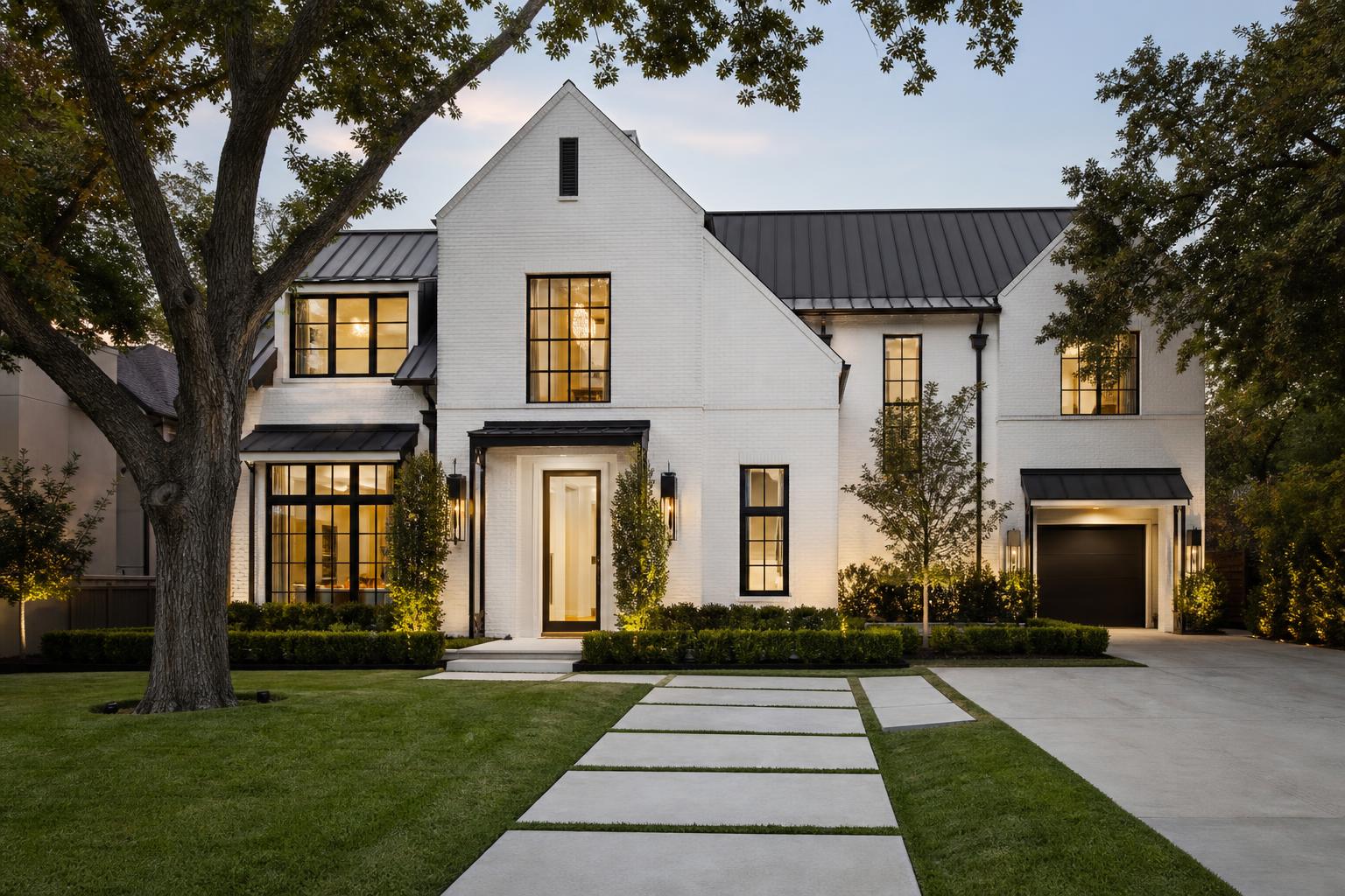 Highland Park white brick custom home exterior at twilight with metal roof and black steel windows