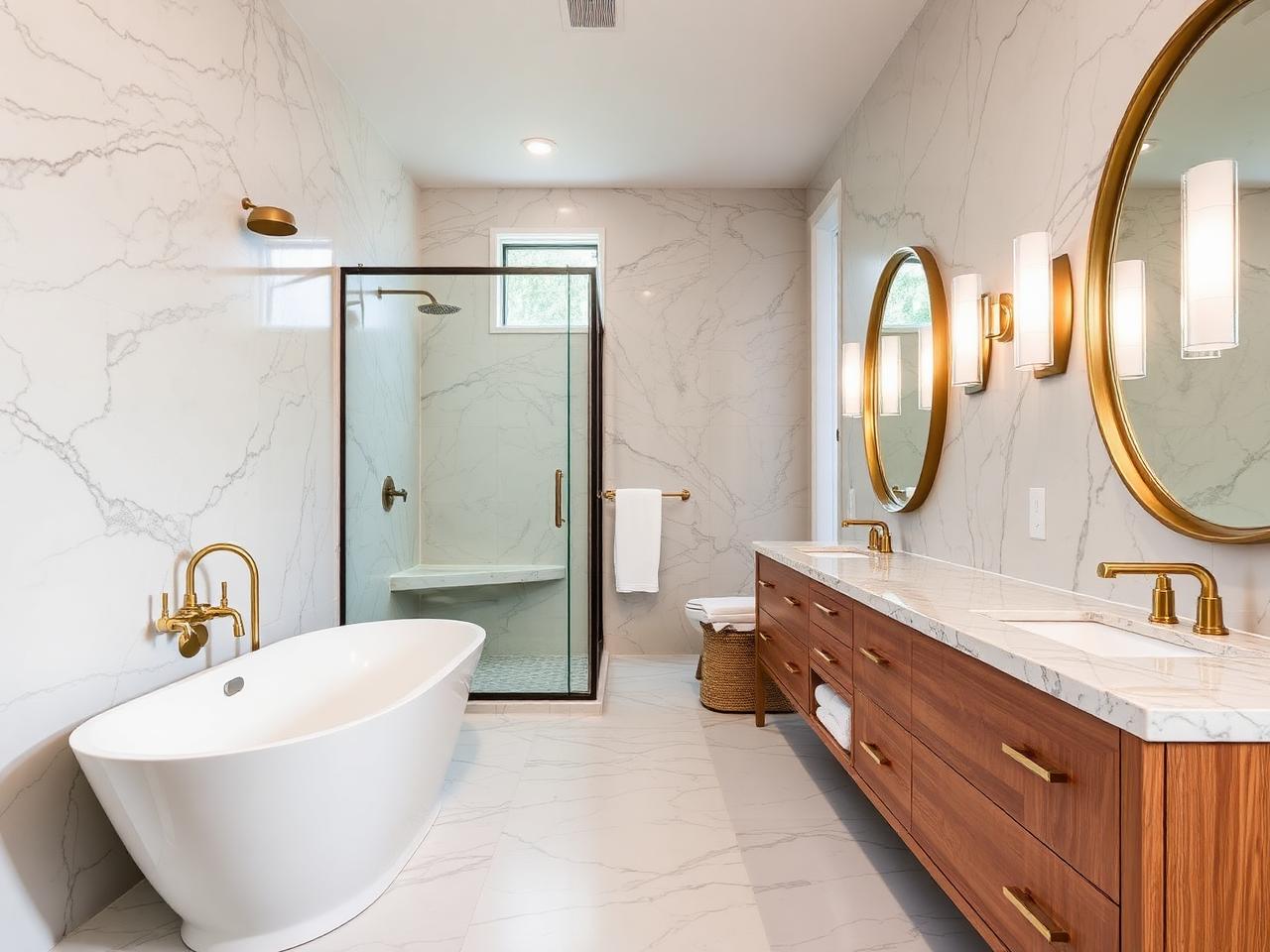 Modern primary bathroom with marble slab walls and brass fixtures