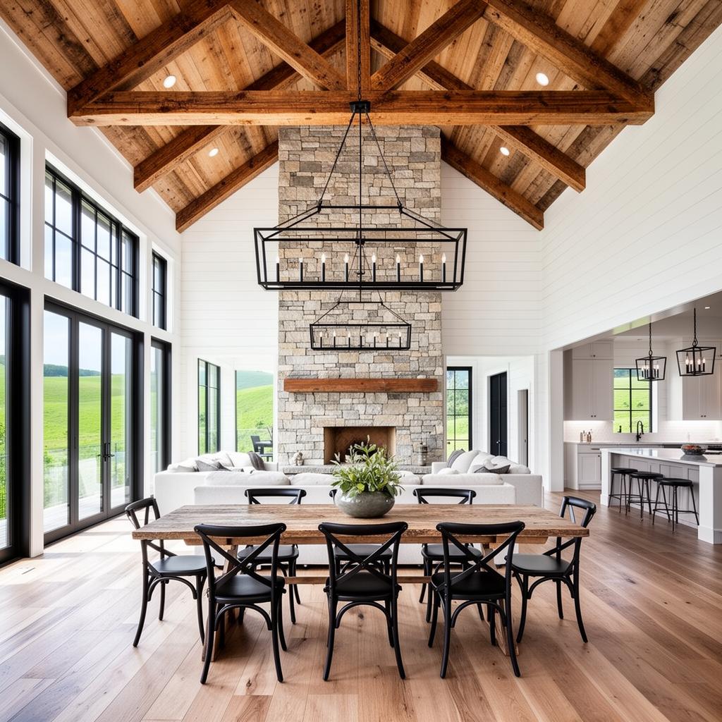 Modern farmhouse interior with vaulted shiplap ceilings and stone fireplace