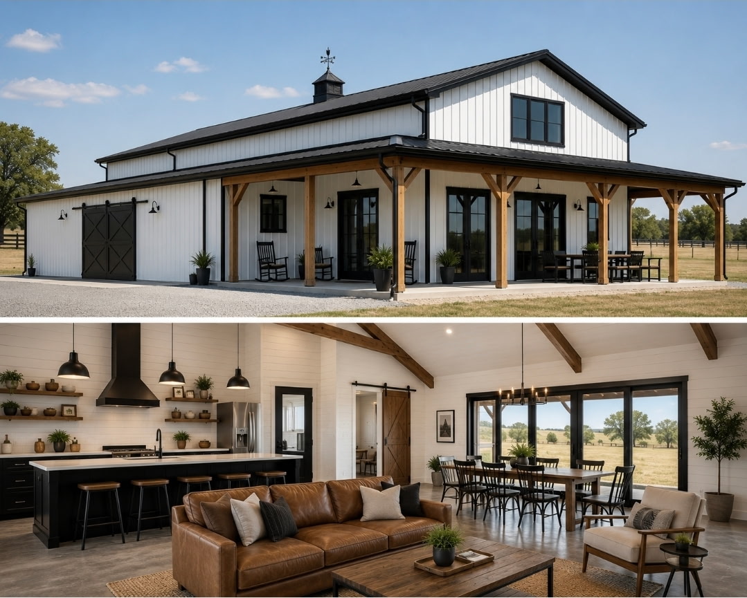 Barndominium exterior and open interior
