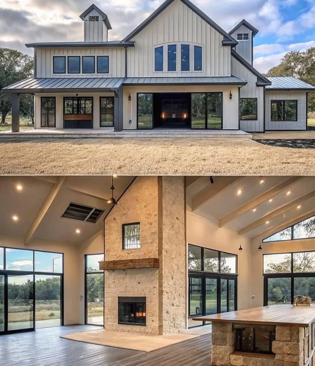 Modern farmhouse with stone fireplace interior