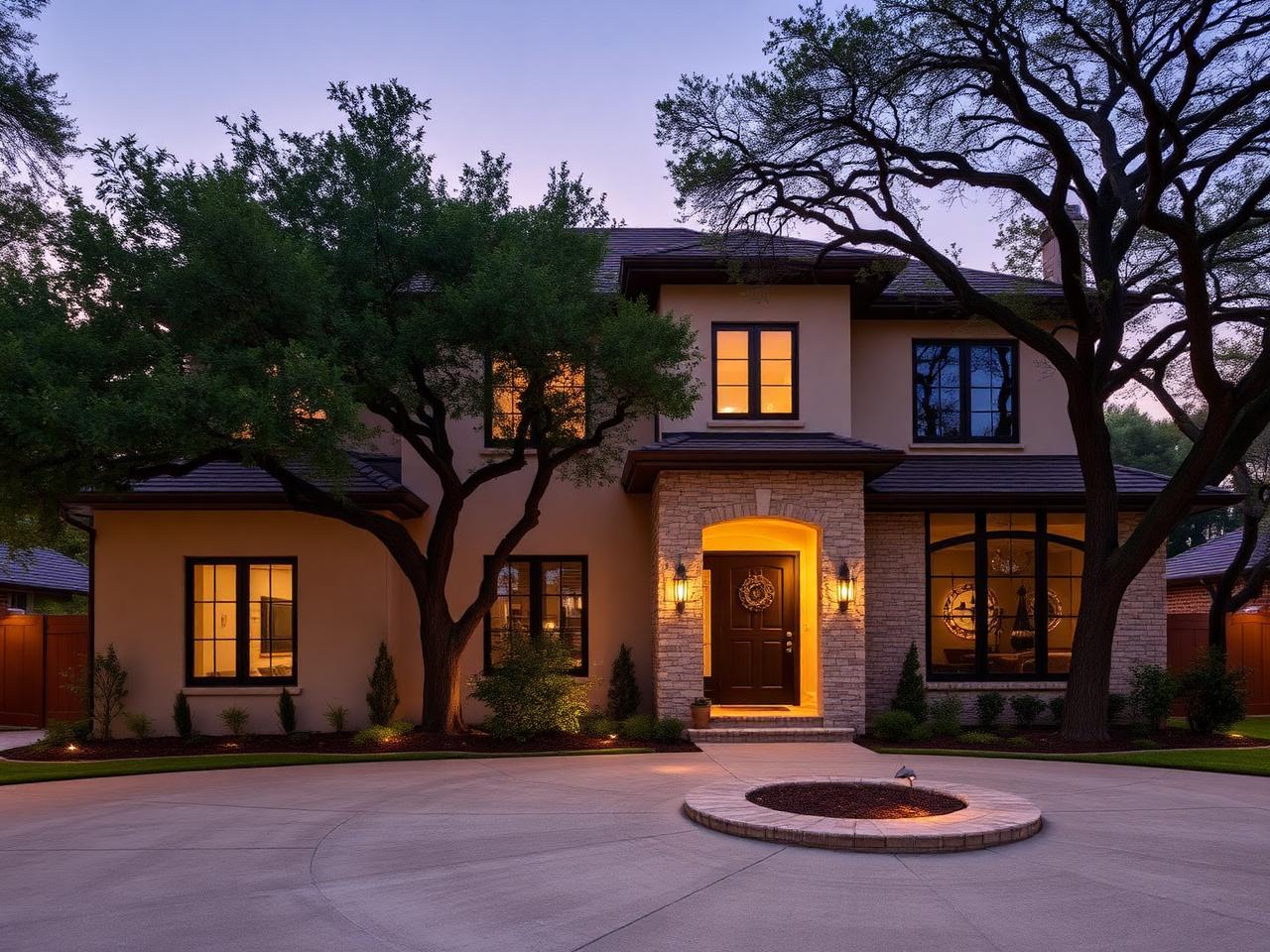 Highland Park two-story stucco and stone home exterior at dusk