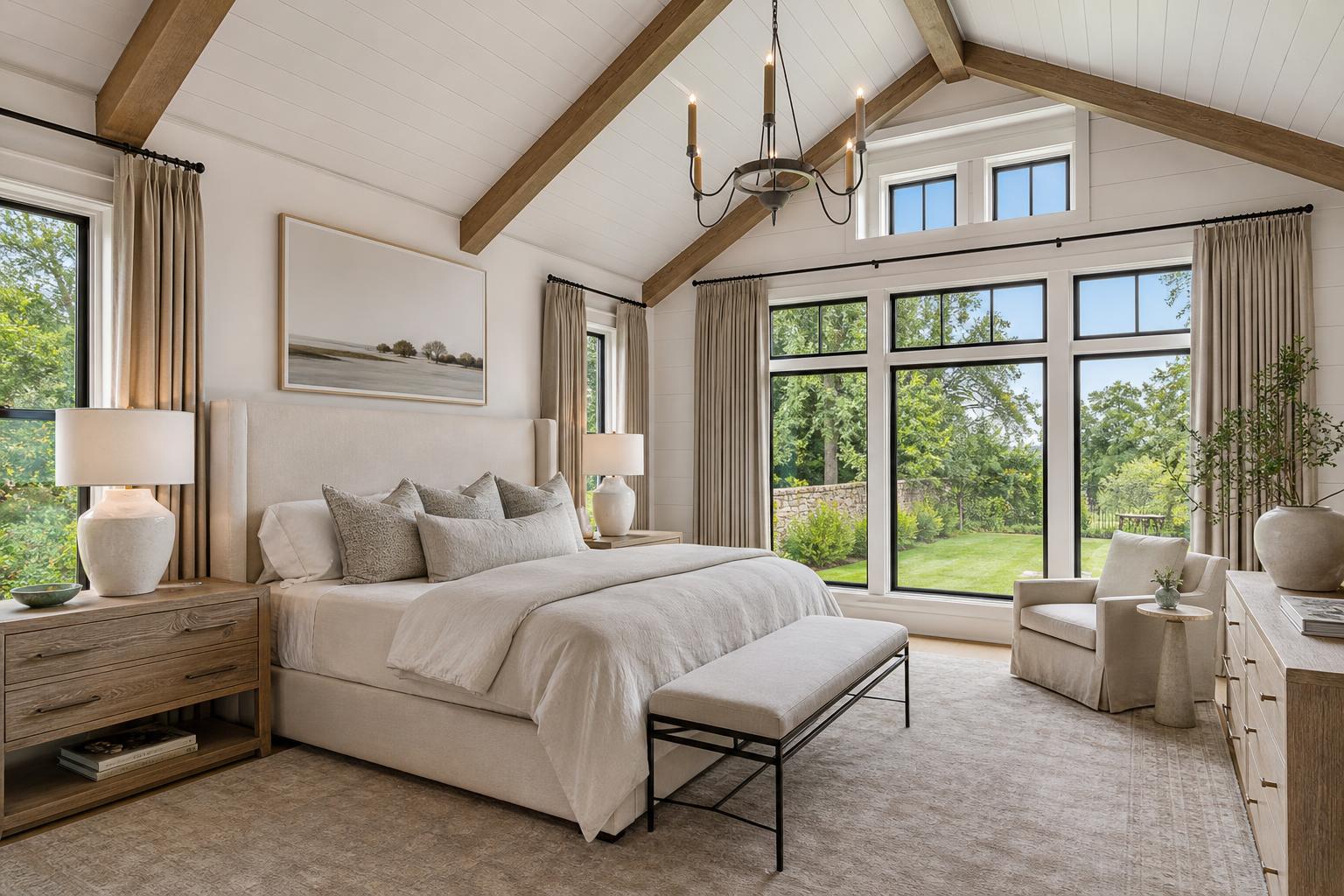 Highland Park primary bedroom with vaulted shiplap ceiling, wood beams and linen drapes