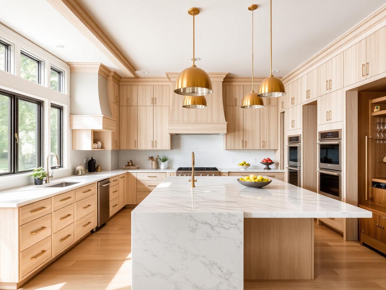 Luxury chef's kitchen with white oak cabinetry and marble waterfall island
