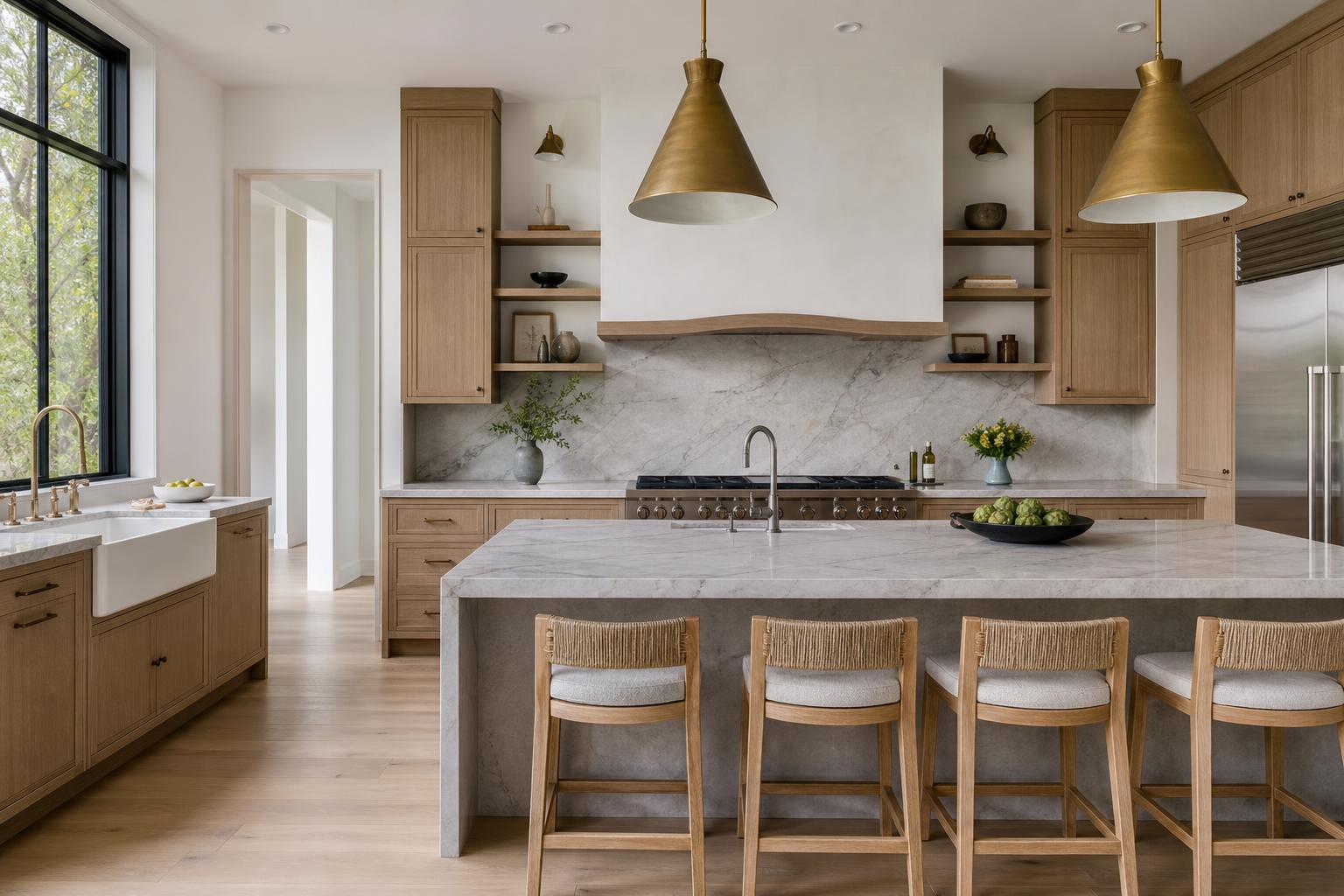 Highland Park chef's kitchen with white oak cabinetry, quartzite waterfall island and brass pendants