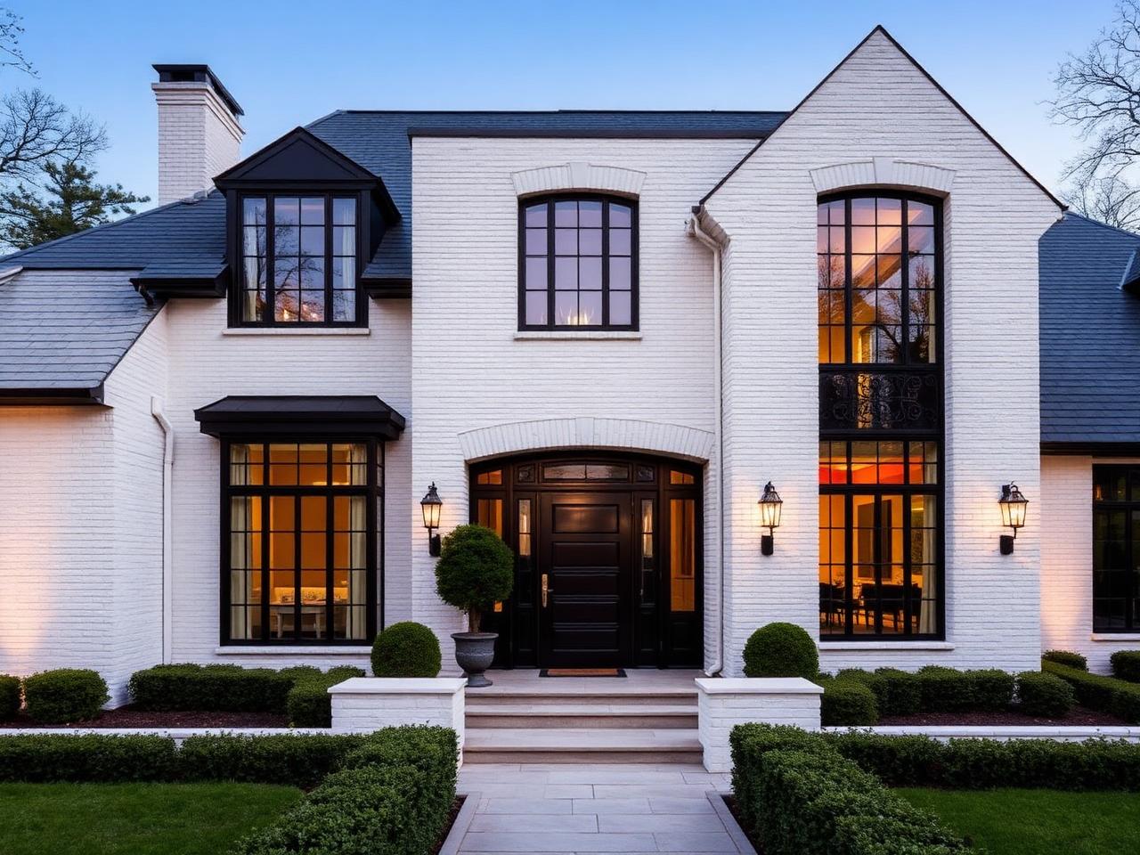 Highland Park style white brick luxury home exterior at twilight