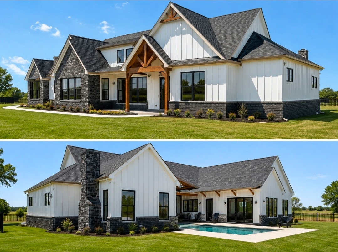 Modern farmhouse with stone accents and pool