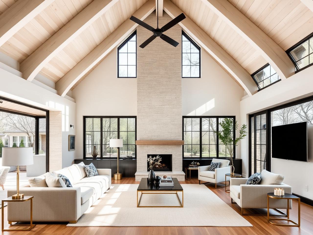 Modern Highland Park living room with vaulted oak beam ceiling and limestone fireplace