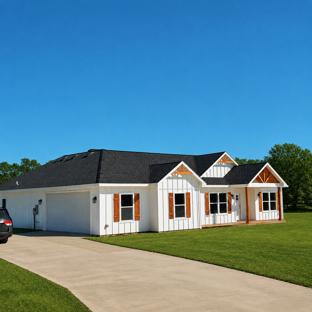 Custom white board-and-batten farmhouse with cedar shutters, gabled porch and dark shingle roof